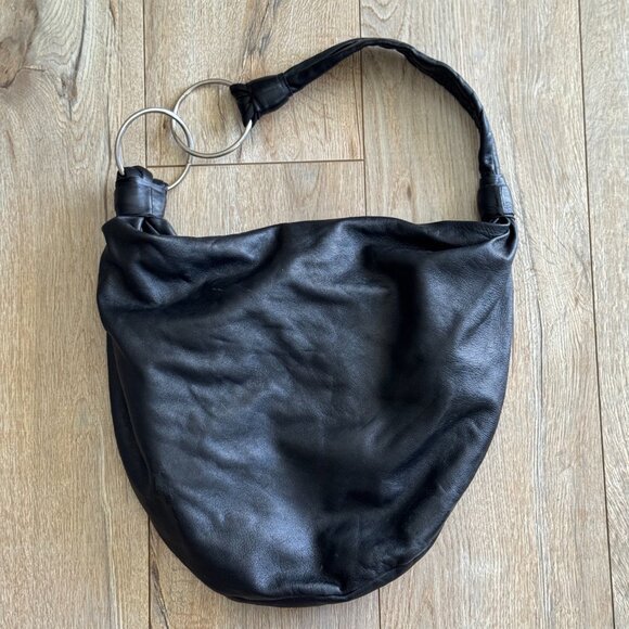 Lolli Black Genuine Leather Silver O Ring Squishy Dumpling Large Hobo Sling Bag - Picture 9 of 12